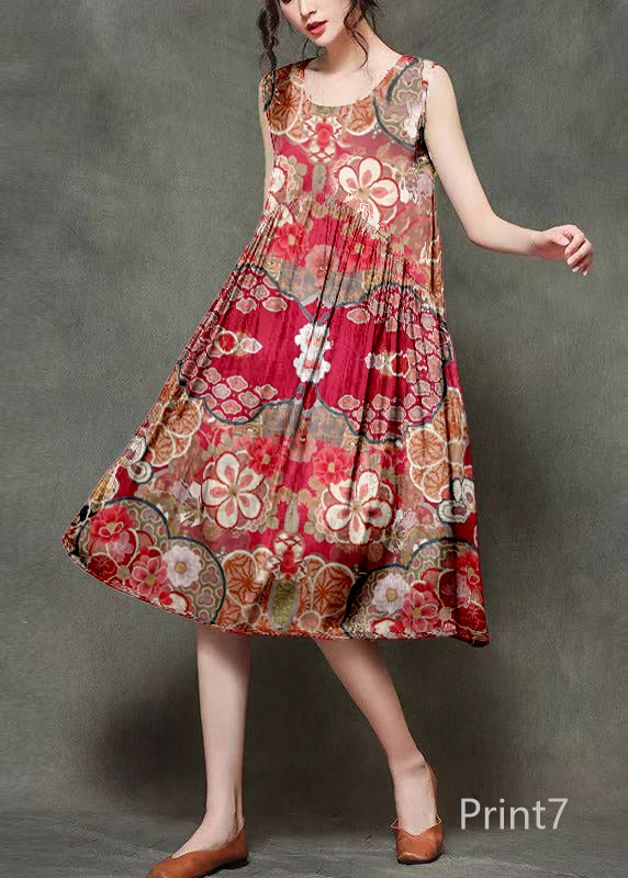 Casual Wine Print1 O-Neck Wrinkled Long Dresses Sleeveless