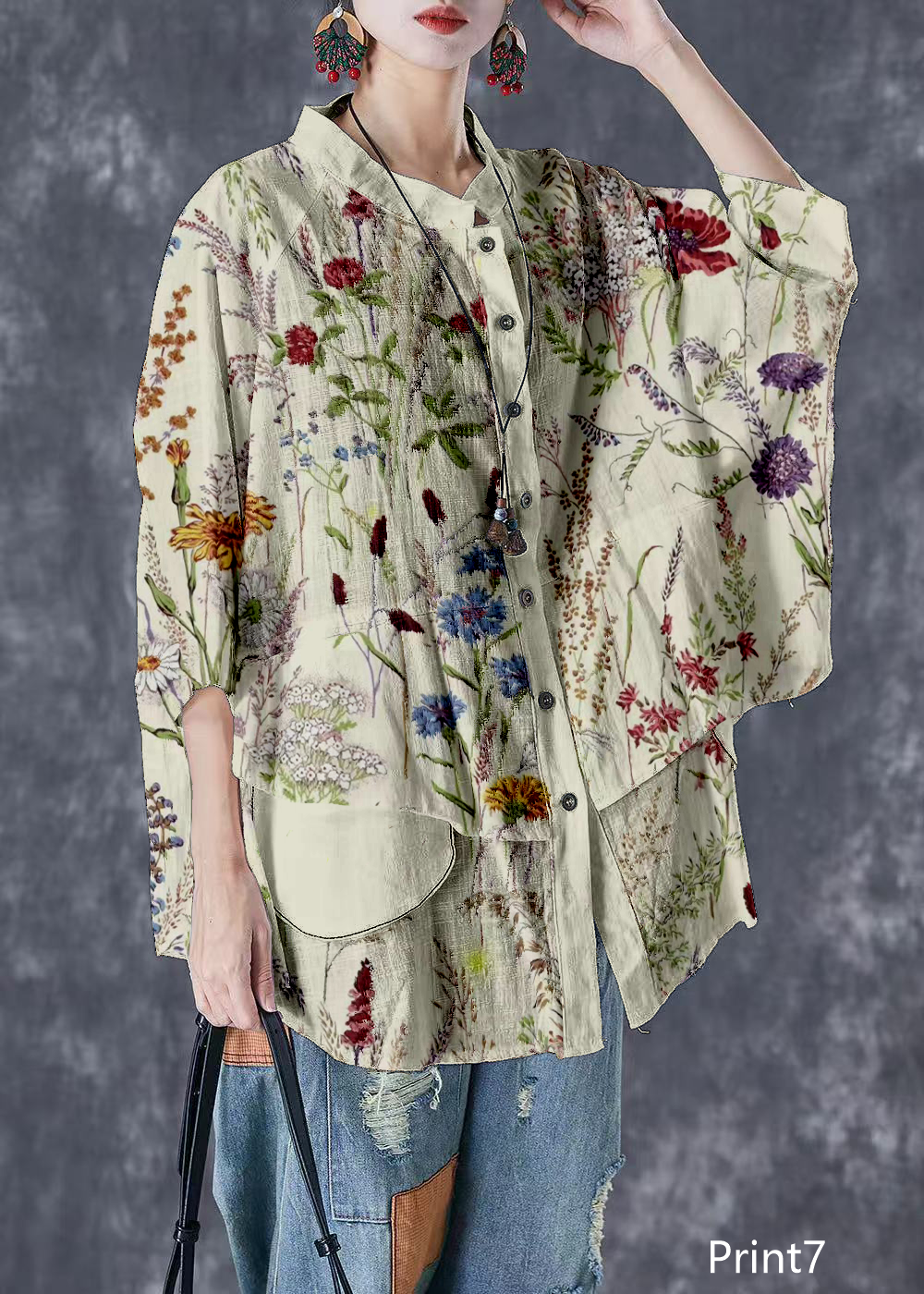 Plus Size Print5 Stand Collar Patchwork Linen Shirt Tops Batwing Sleeve