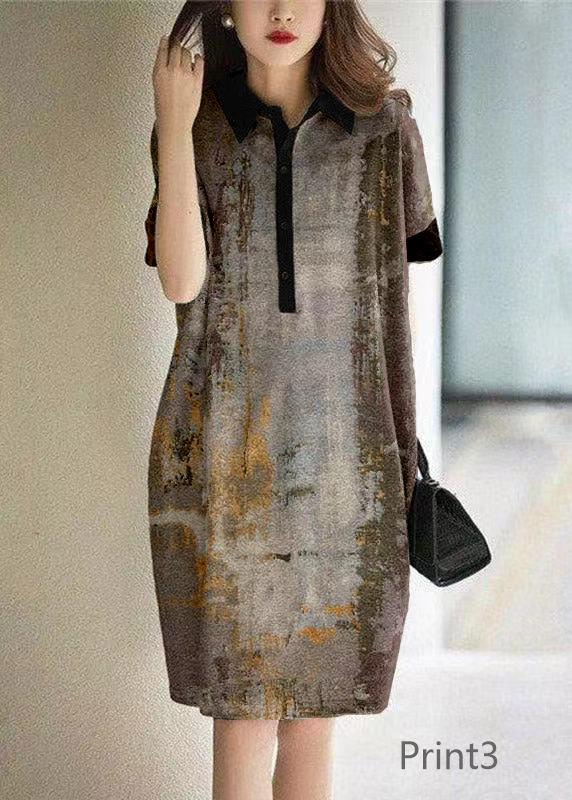 Casual Print1 Peter Pan Collar Button Cotton Maxi Dresses Short Sleeve