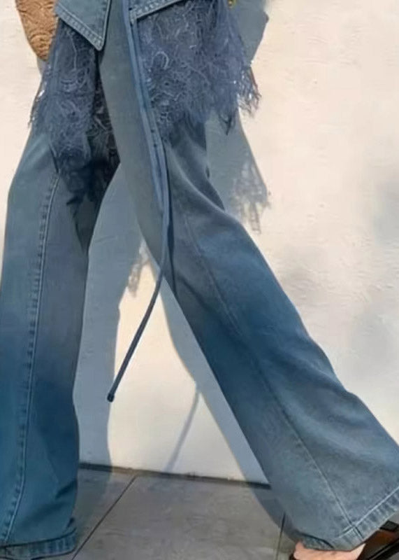 2026 New Blue High Waist Lace Patchwork Straight Jeans Summer
