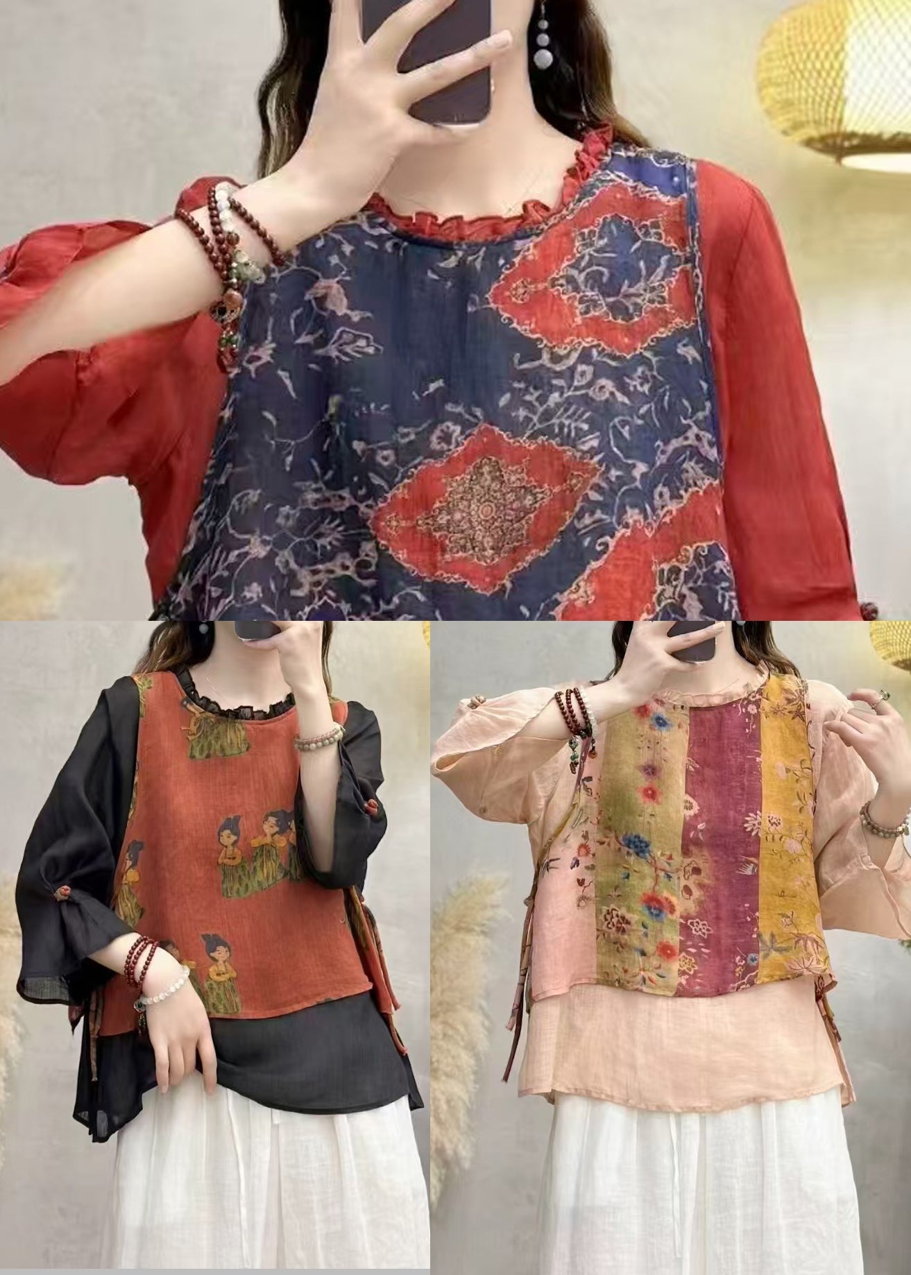 Apricot Patchwork Linen Blouses Oversized Print Bracelet Sleeve