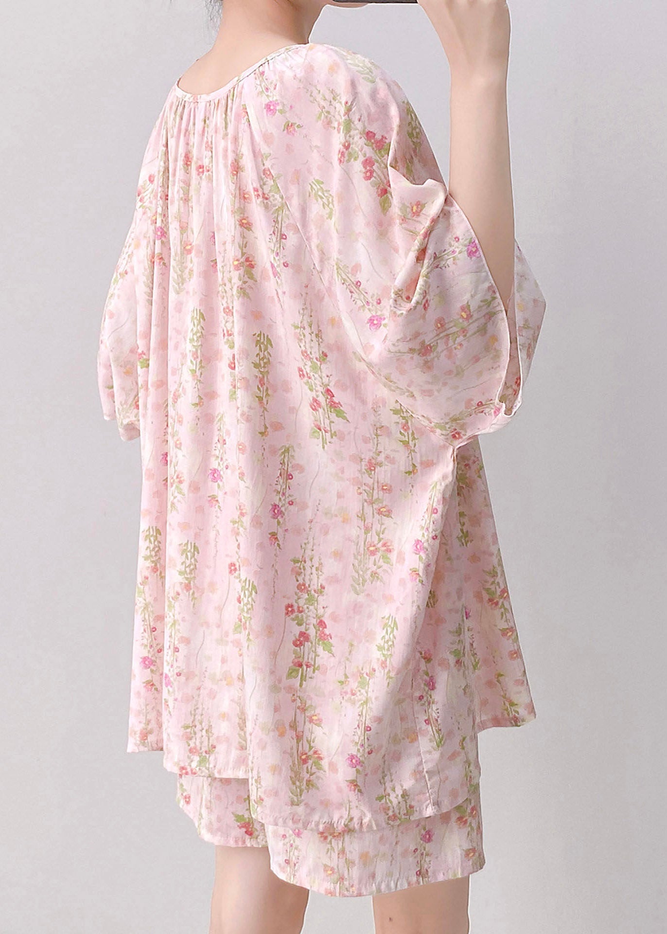 Art Pink Tie Lace Top And Shorts Pajama Set Summer