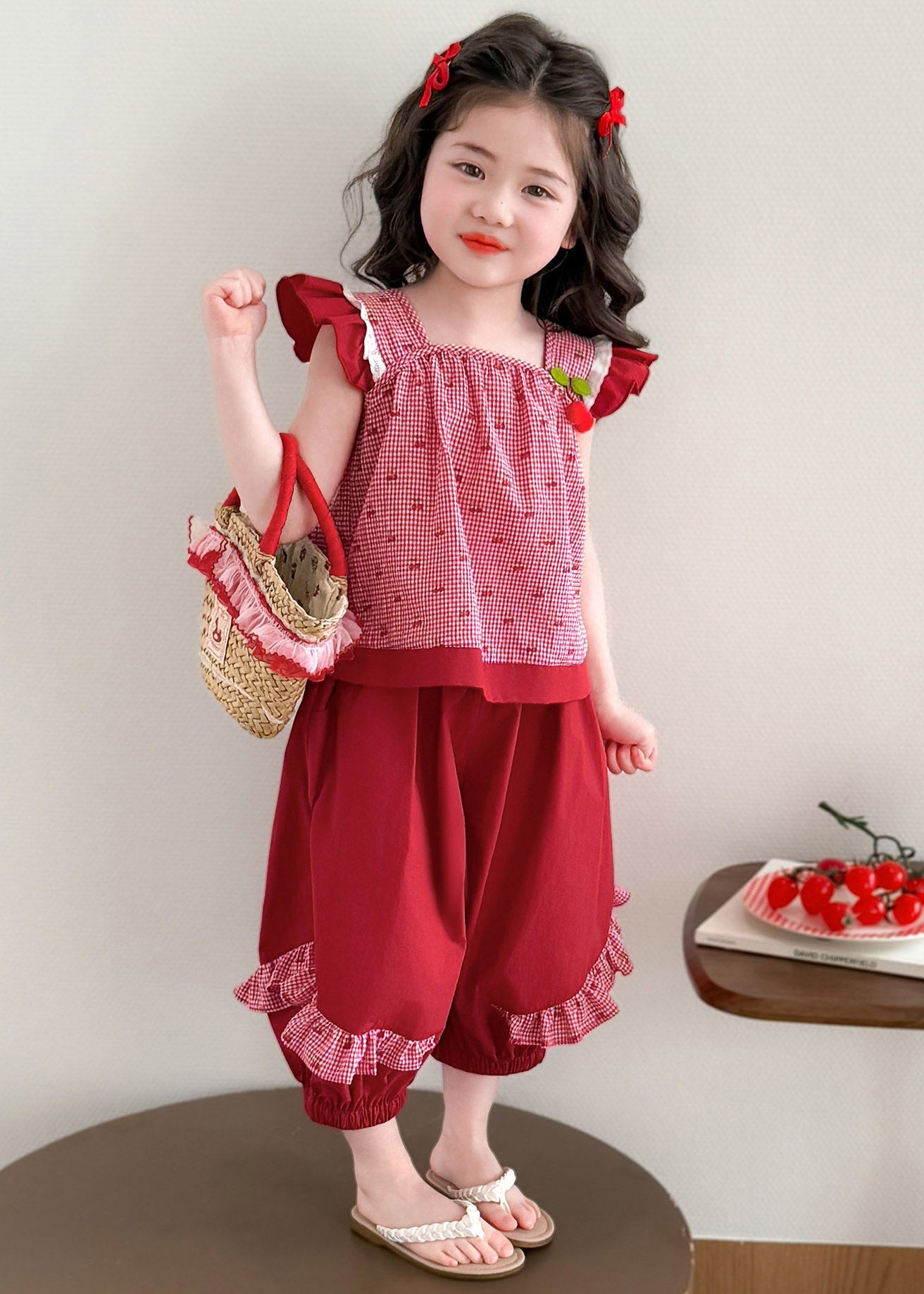 Art Red Plaid Patchwork Girls Vest And Lantern Pants Two Piece Set Summer