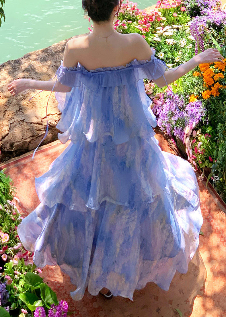 Beach Light Purple Slash Neck Print Long Cake Dress Short Sleeve