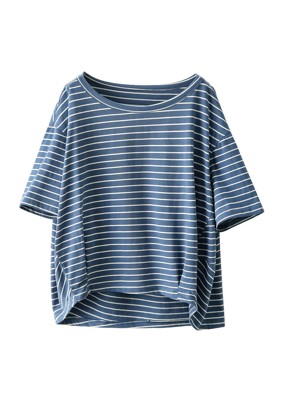 Beautiful Blue O Neck Striped Plus Size Linen Top Summer