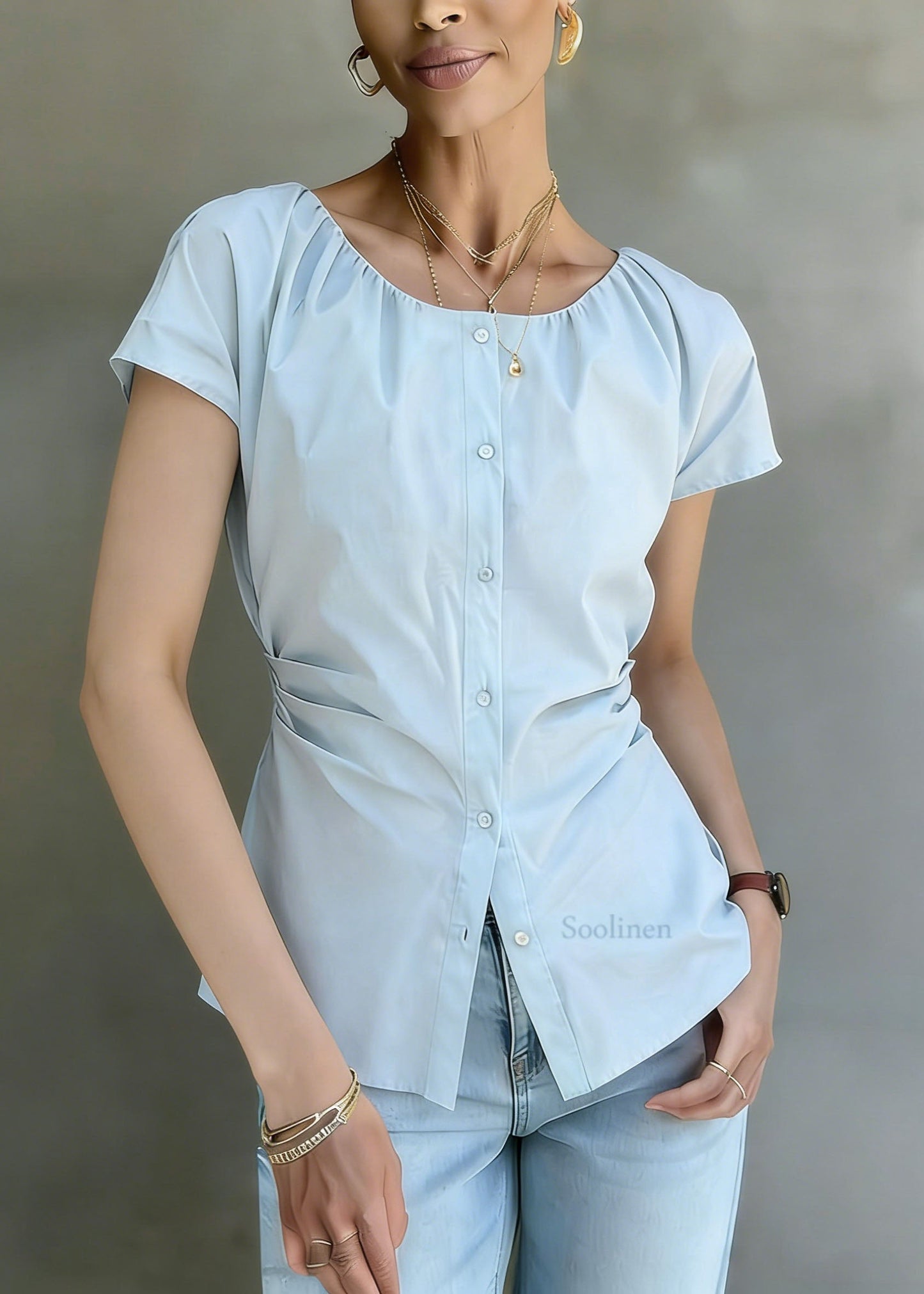 Beautiful Blue O Neck Wrinkled Button Cotton Shirt Summer