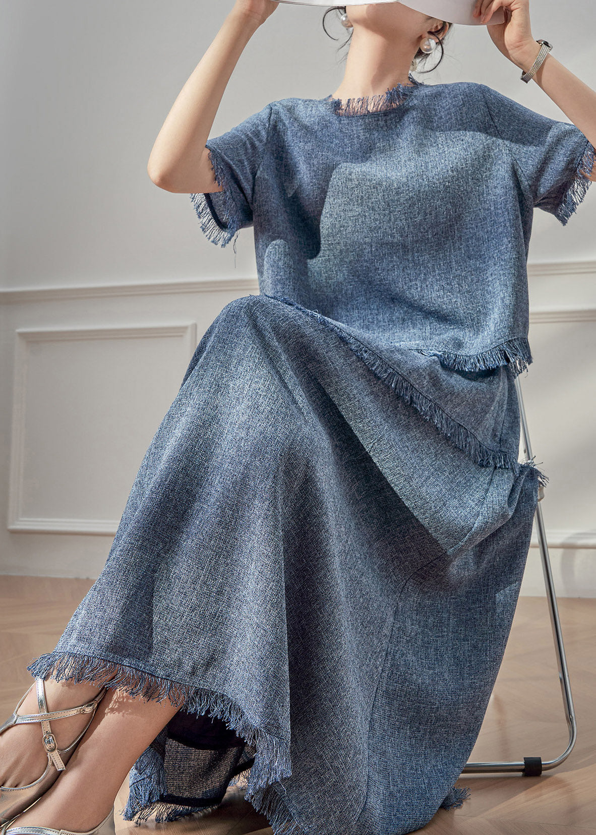 Beautiful Blue Tassel Patchwork T Shirt And Maxi Skirts Two Pieces Set Short Sleeve