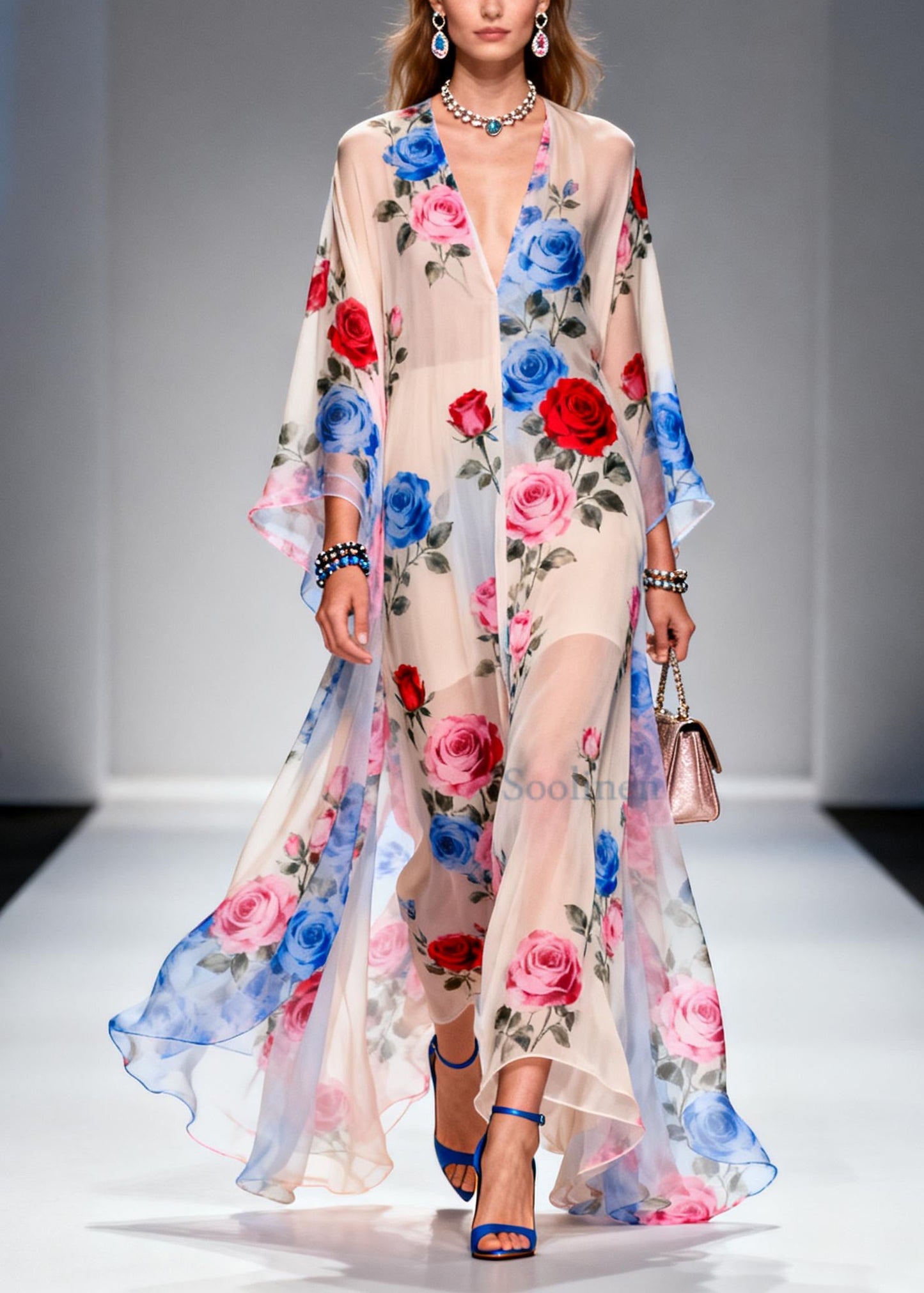 Beautiful Oversized Floral Print Chiffon Holiday Dress Summer