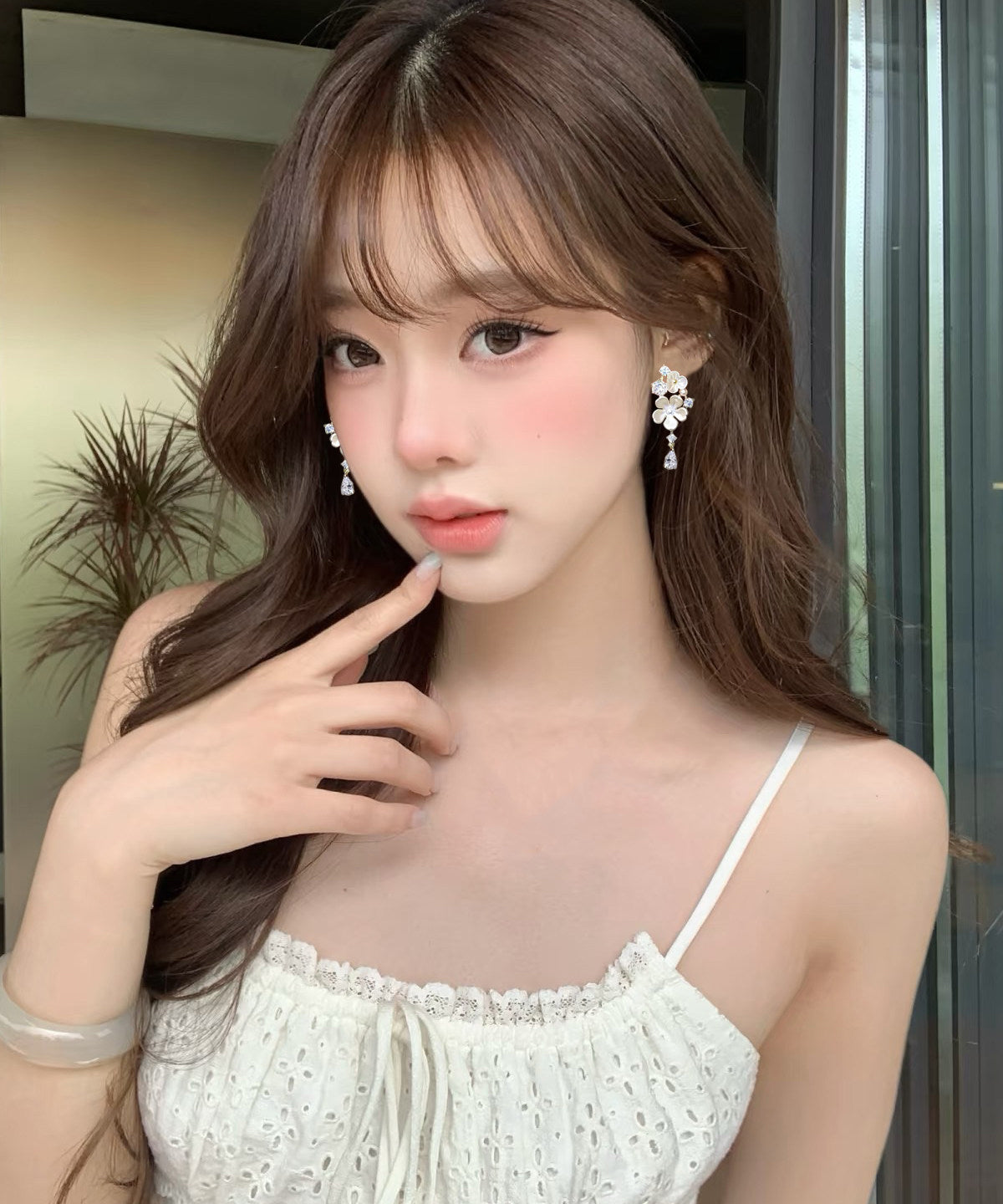 Beautiful White Alloy Zircon Floral Tassel Drop Earrings
