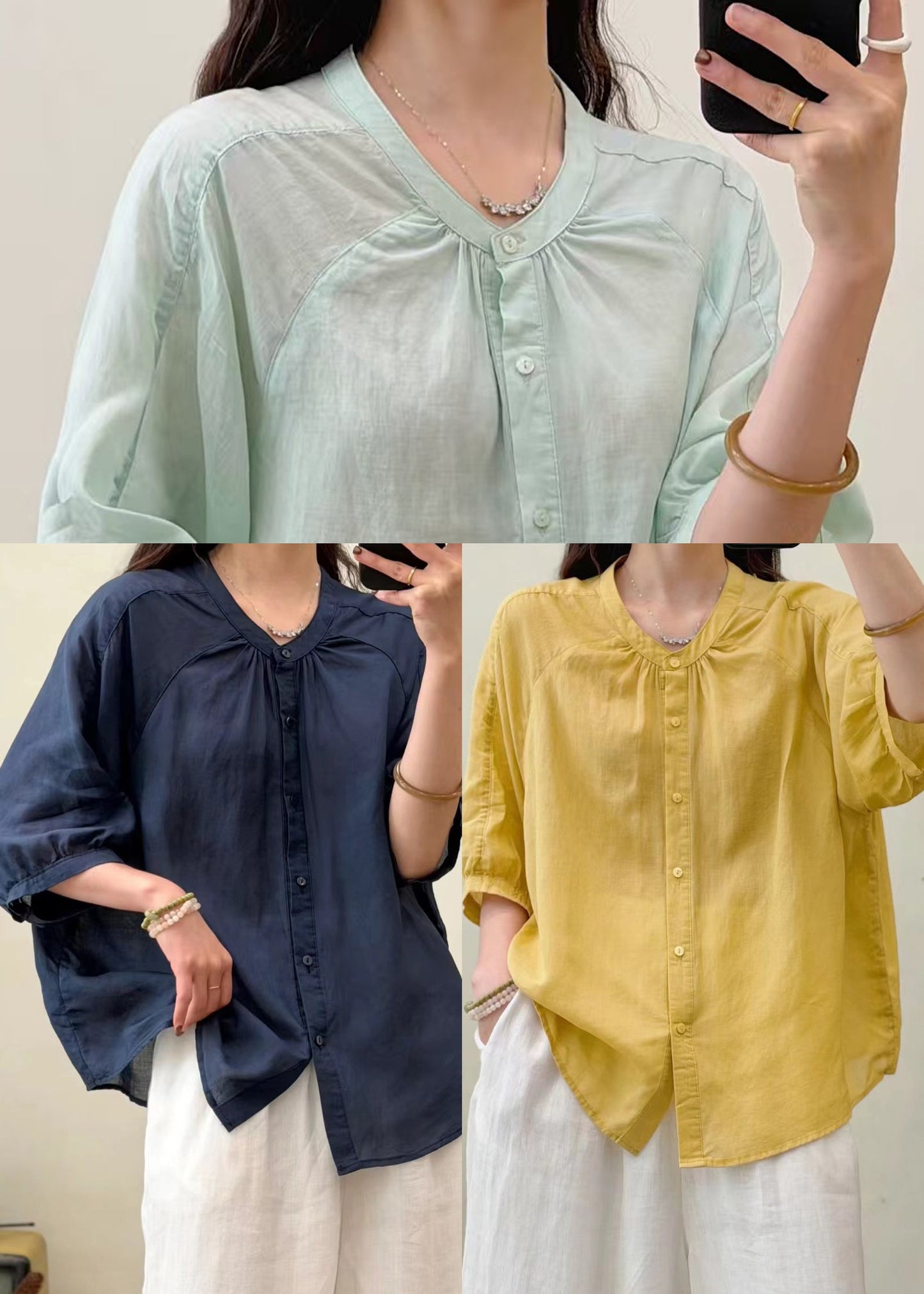 Beautiful Yellow O-Neck Wrinkled Linen Blouse Top Summer