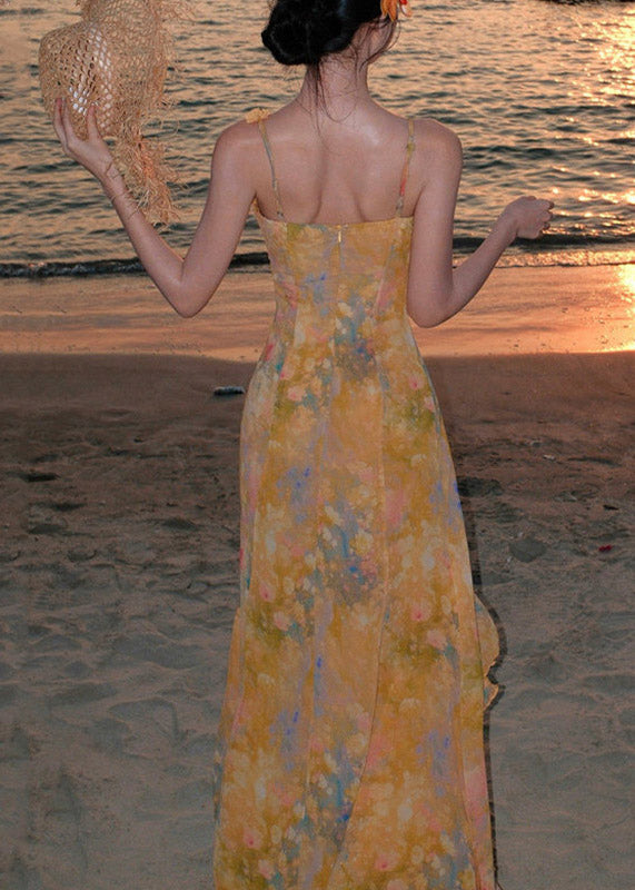 Beautiful Yellow Ruffled Print Chiffon Long Spaghetti Strap Dress Summer