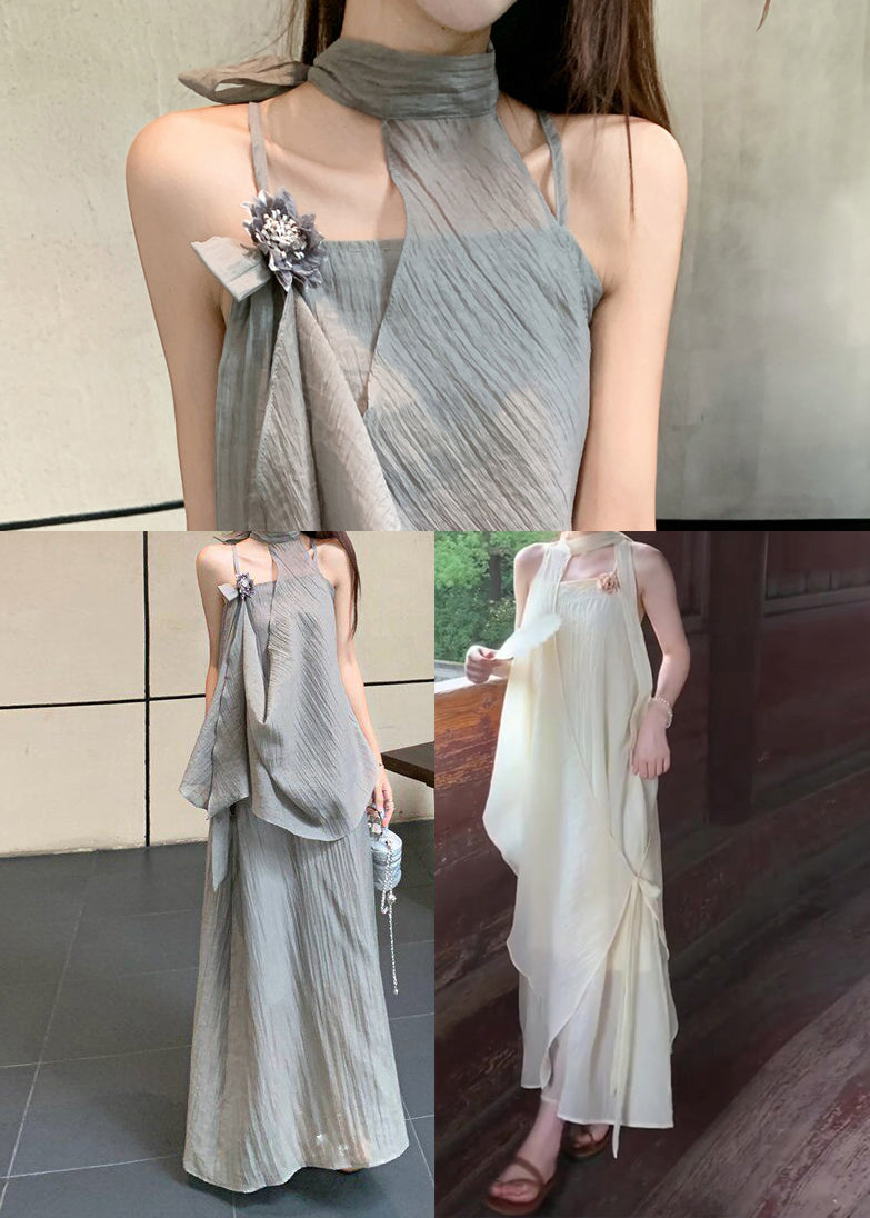 Beige Chiffon Holiday Halter Dress Two Piece Set Asymmetrical Summer
