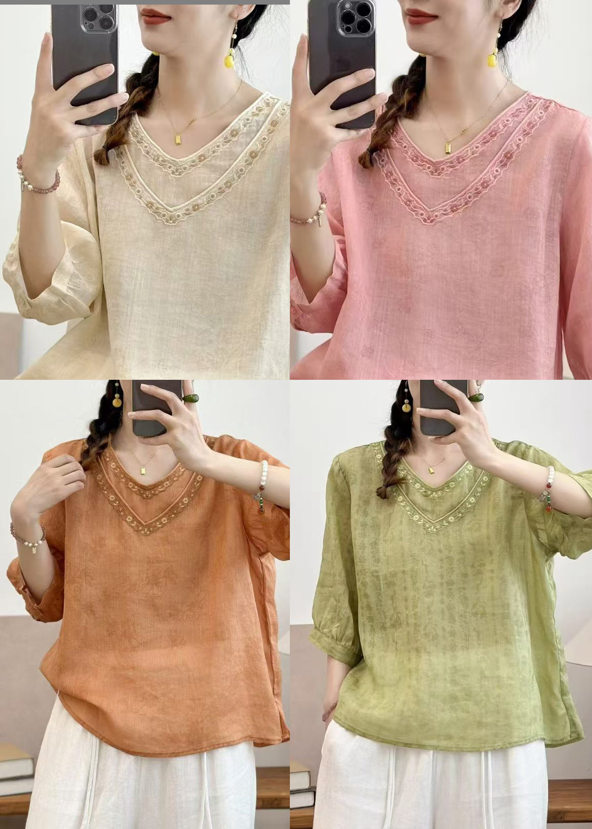 Beige Linen Shirt Tops Double-layer Embroidered Summer