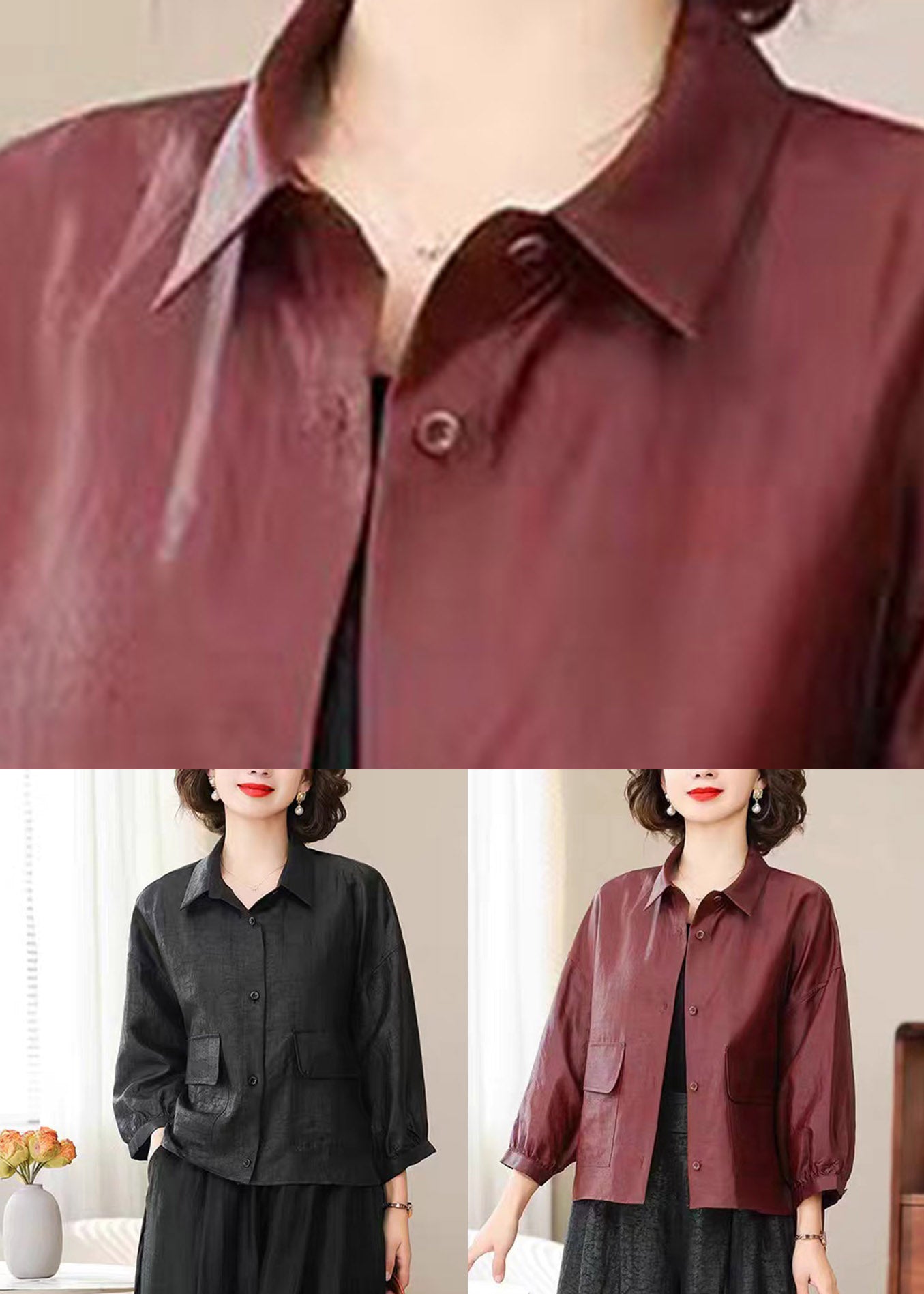 Black Button Soild Silk Coat Spring