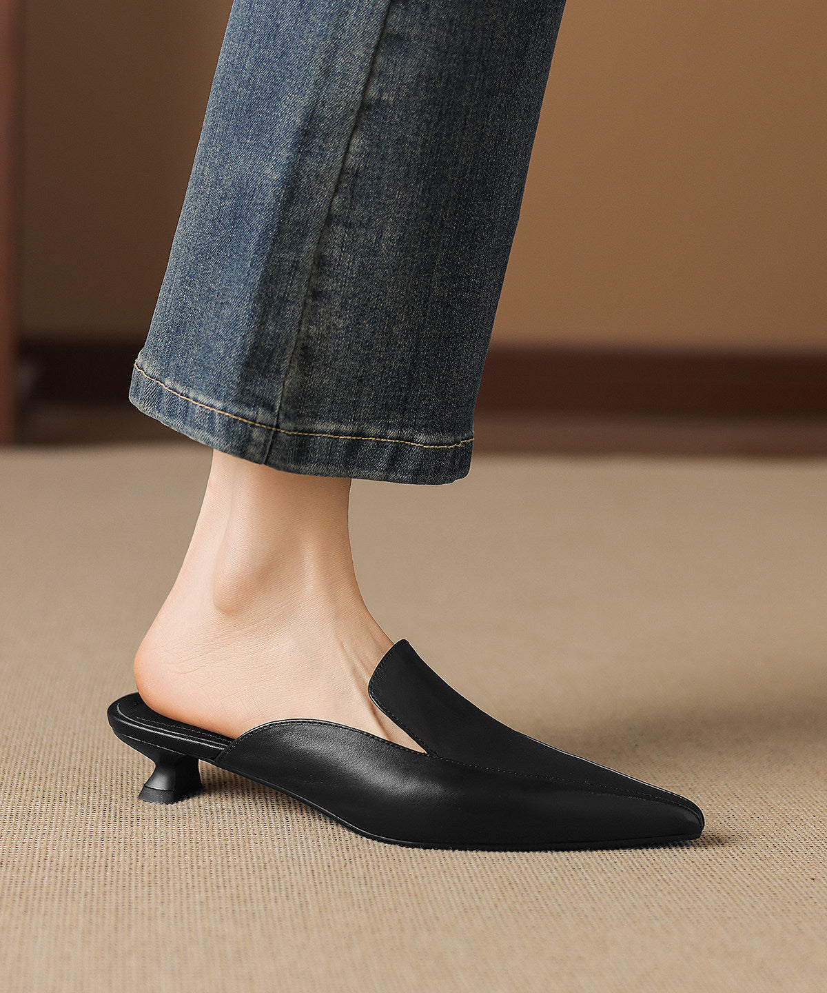 Black Kitten Sheepskin Boho Pointed Toe Flip Flops