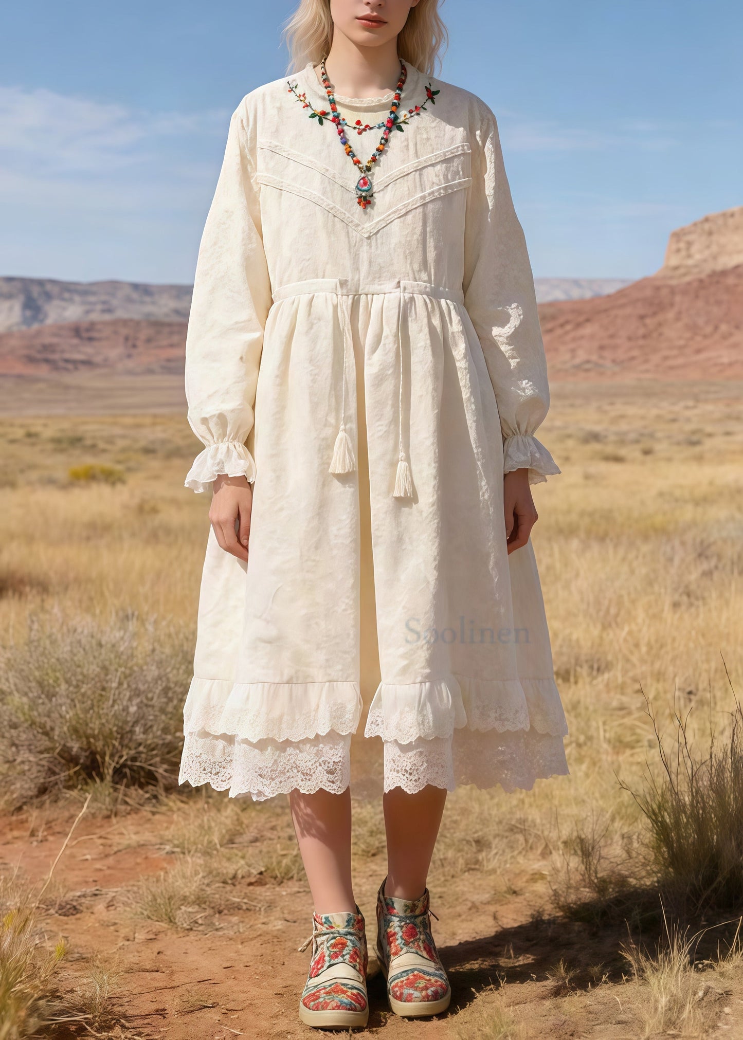 Bohemian Beige Embroidered Patchwork Lace Tunic Dresses Spring