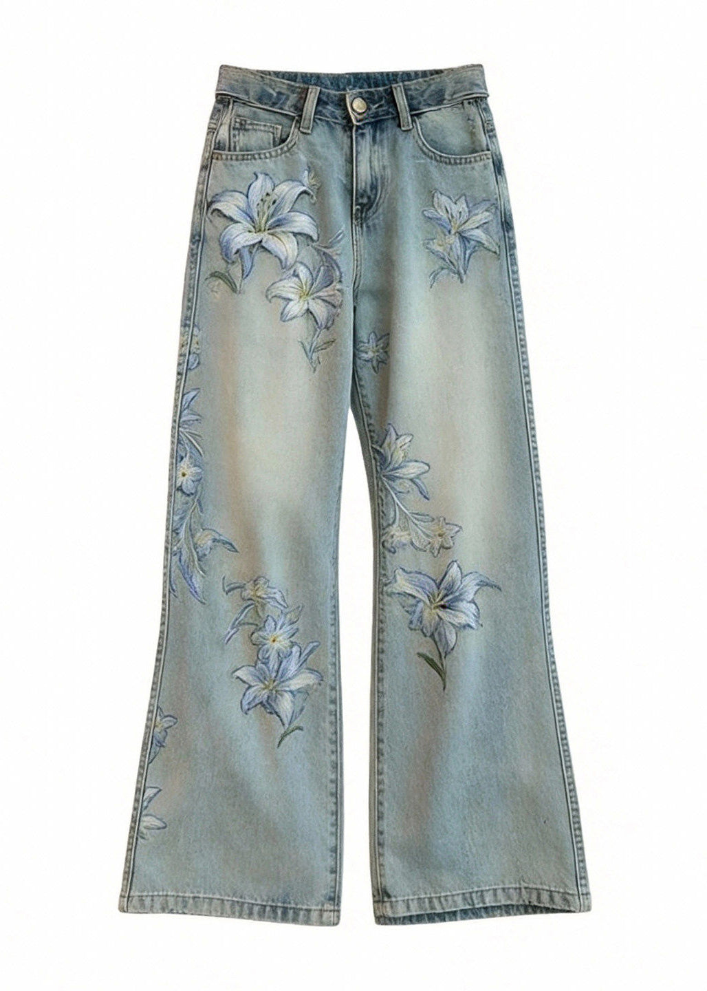 Bohemian Blue Embroidered Floral Denim Wide Leg Pants Spring