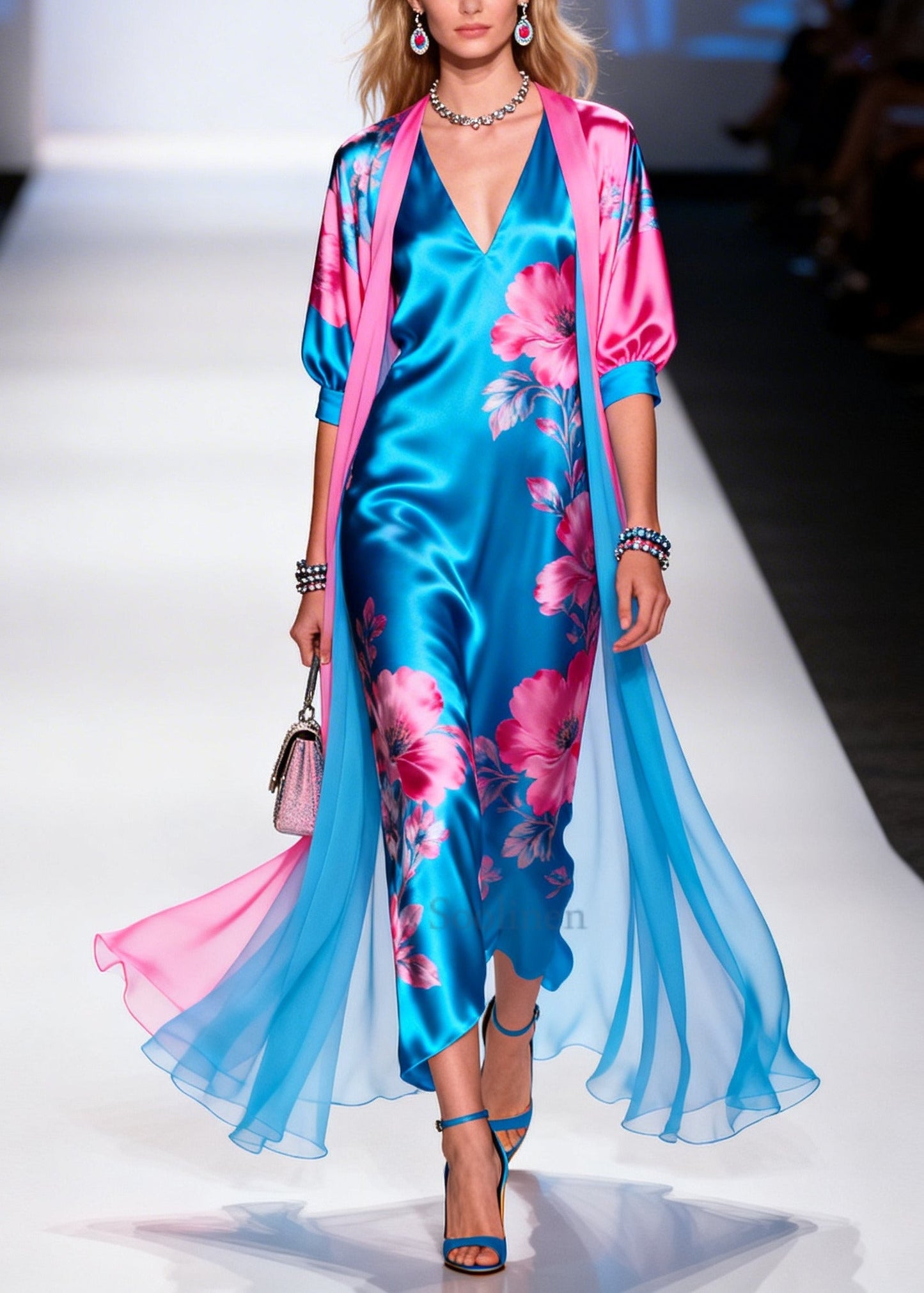 Bohemian Blue Print Draping Silk Dress And Cardigan Two Pieces Set Summer