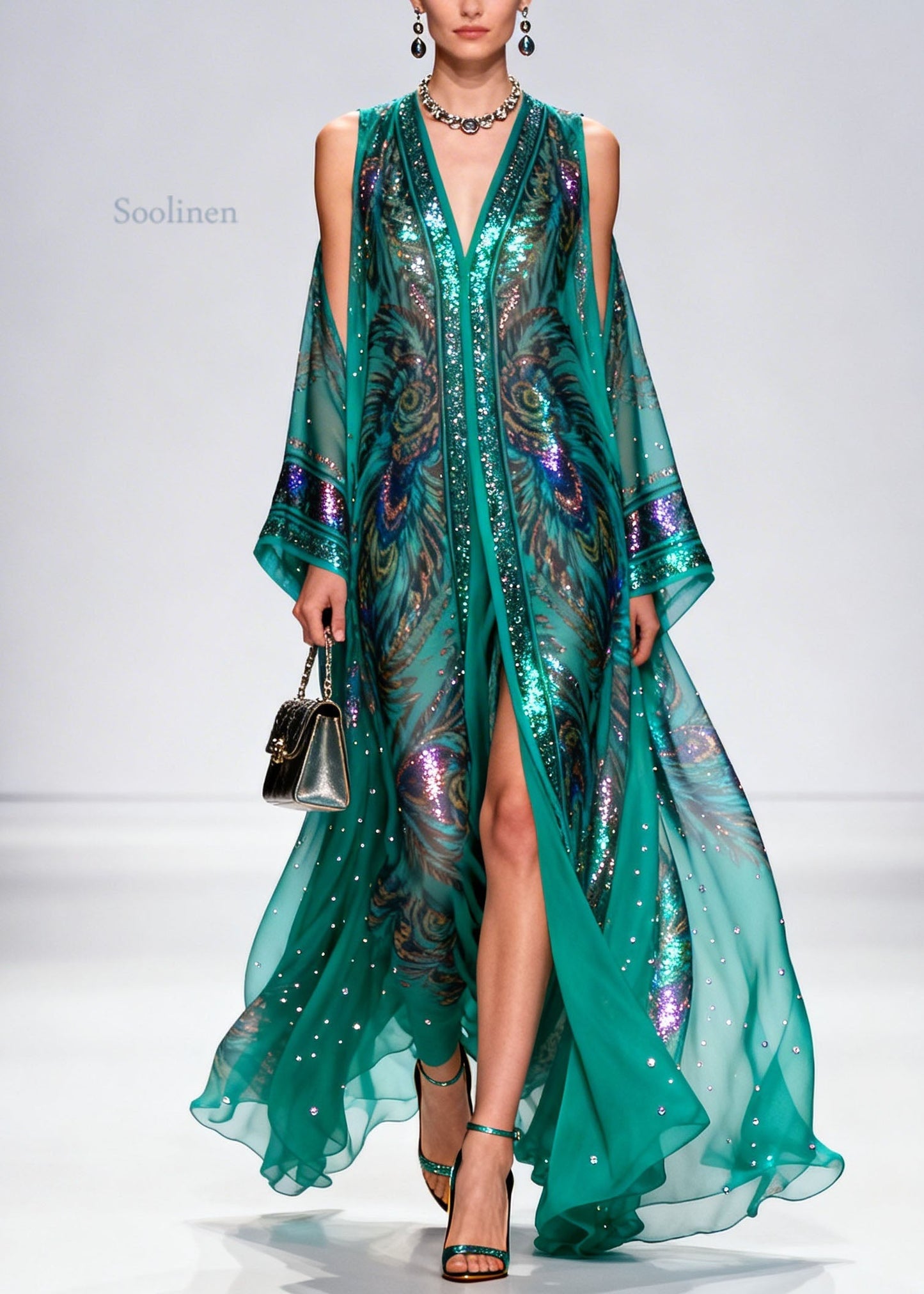 Bohemian Cold Shoulder Print Zircon Chiffon Maxi Dress Summer
