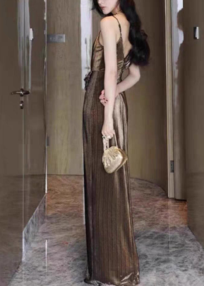 Bohemian Gold V Neck Side Open Maxi Dress Summer