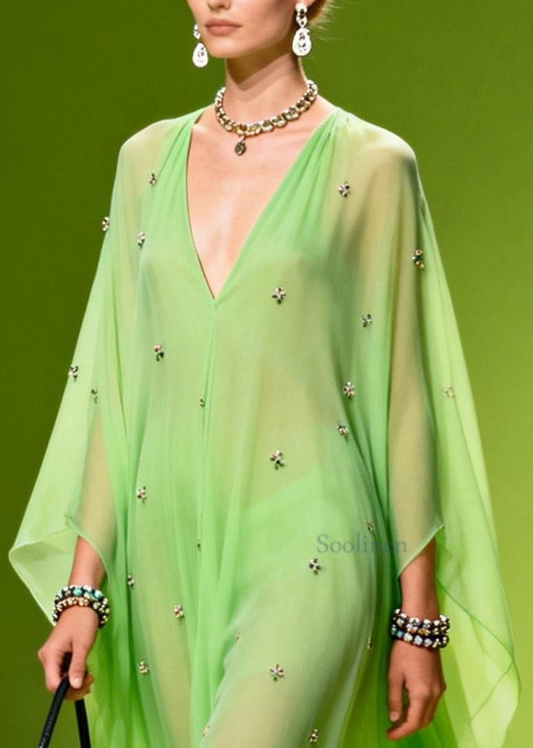 Bohemian Grass Green Oversized Print Chiffon Robe Dresses Summer