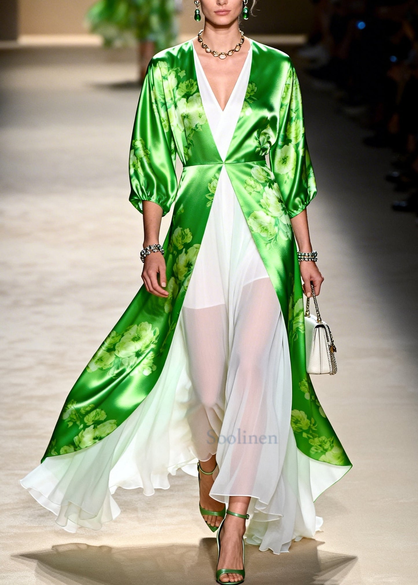 Bohemian Green Print Chiffon Holiday Dress Two Piece Set Summer