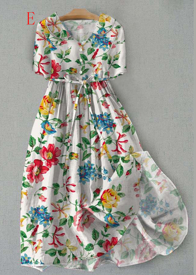 Bohemian Peter Pan Collar Print Lace Up Cotton Dress Summer