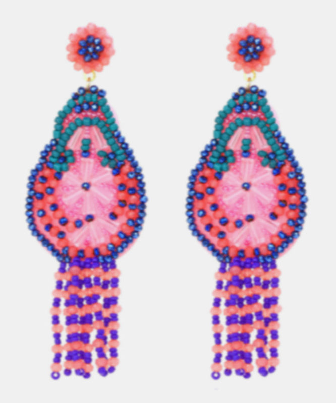Bohemian Rainbow Weave Crystal Beading Tassel Drop Earrings