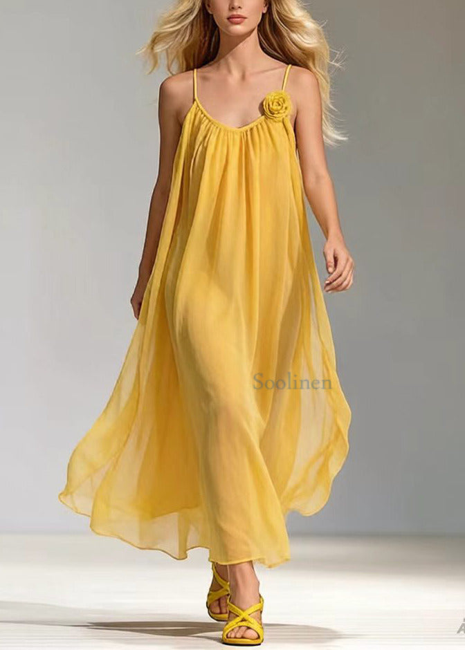 Bohemian Yellow Floral Decorated Draping Chiffon Maxi Dresses Summer