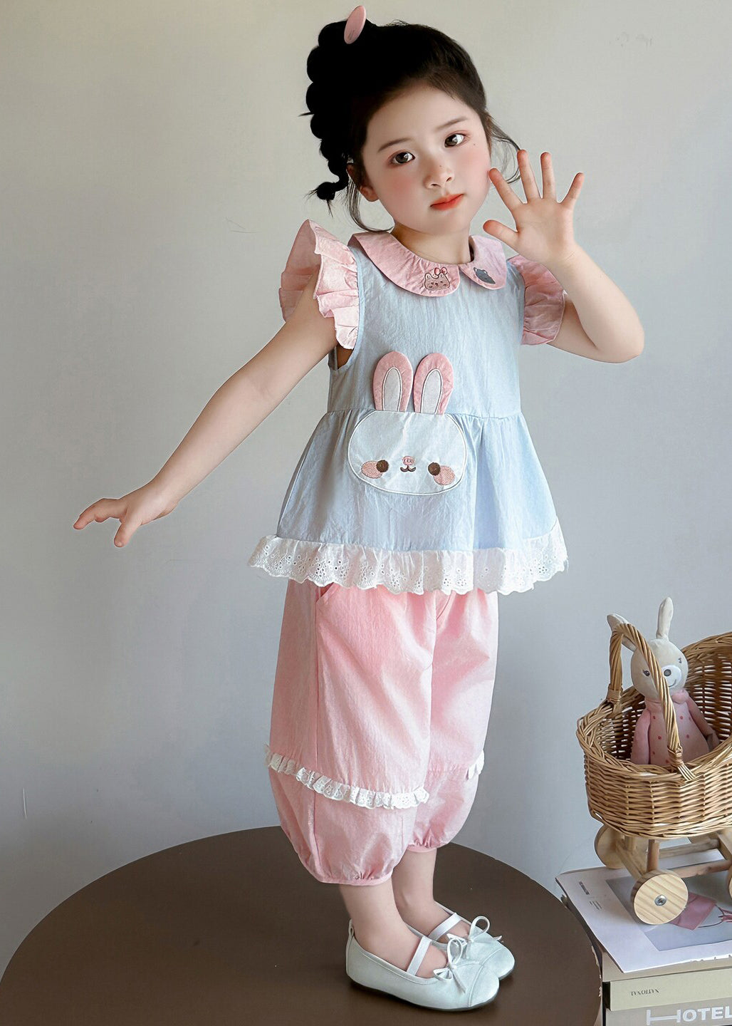 Boho Blue Rabbit Embroideried Cotton Baby Girls Two Pieces Set Summer