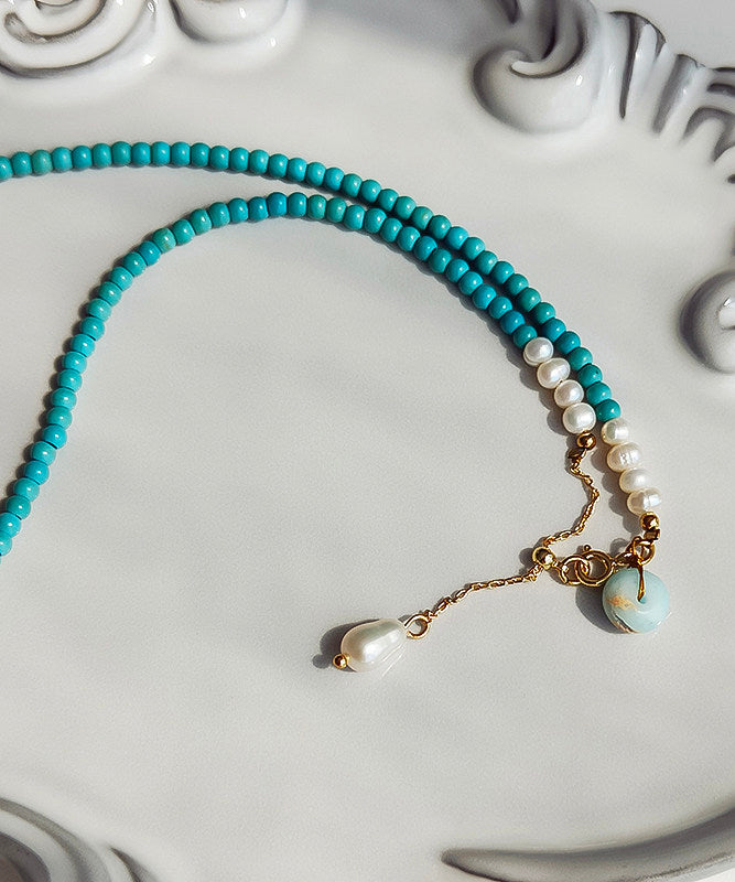 Boho Blue Turquoise With Fine Pearl Gratuated Bead Necklace