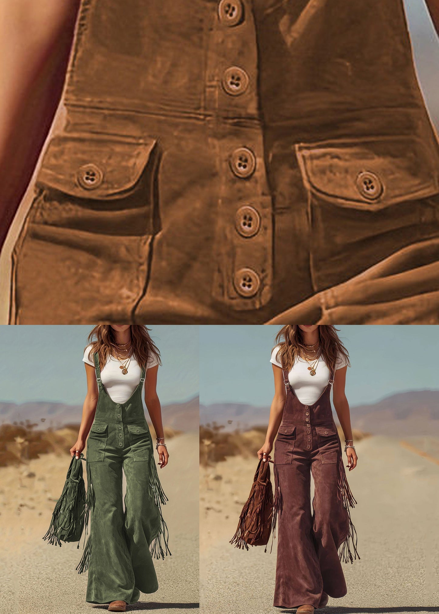 Boho Caramel Pockets Faux Suede Jumpsuit Summer