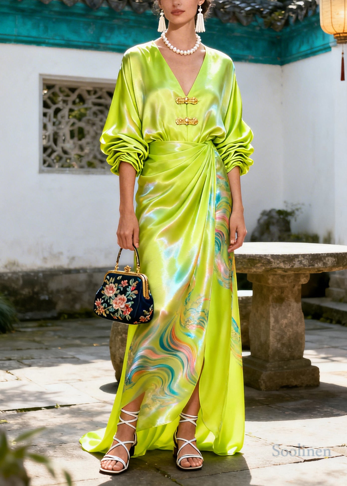 Boho Green Print Chinese Button Silk Maxi Dresses Summer