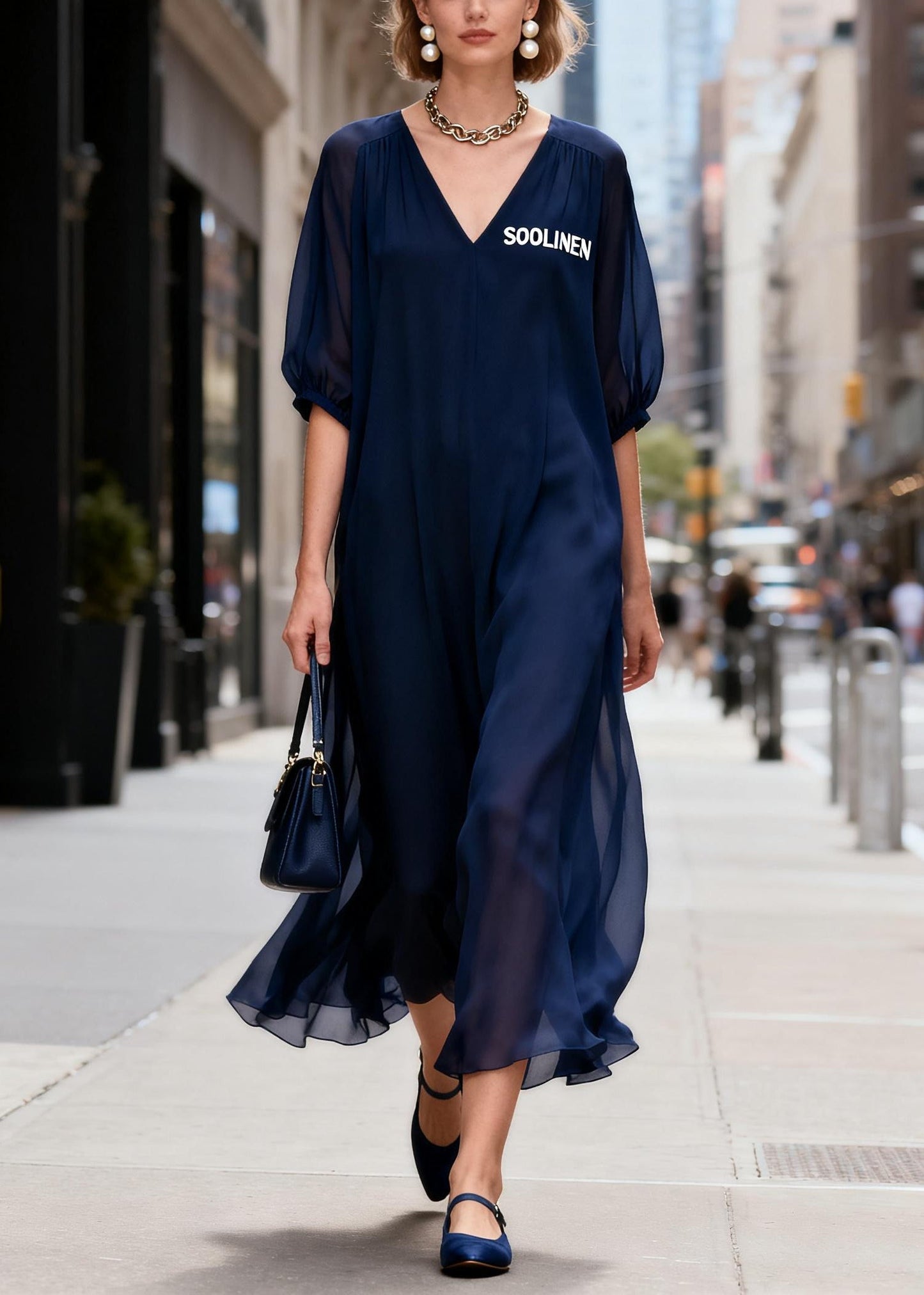 Boho Navy V Neck Chiffon Ankle Dress Summer