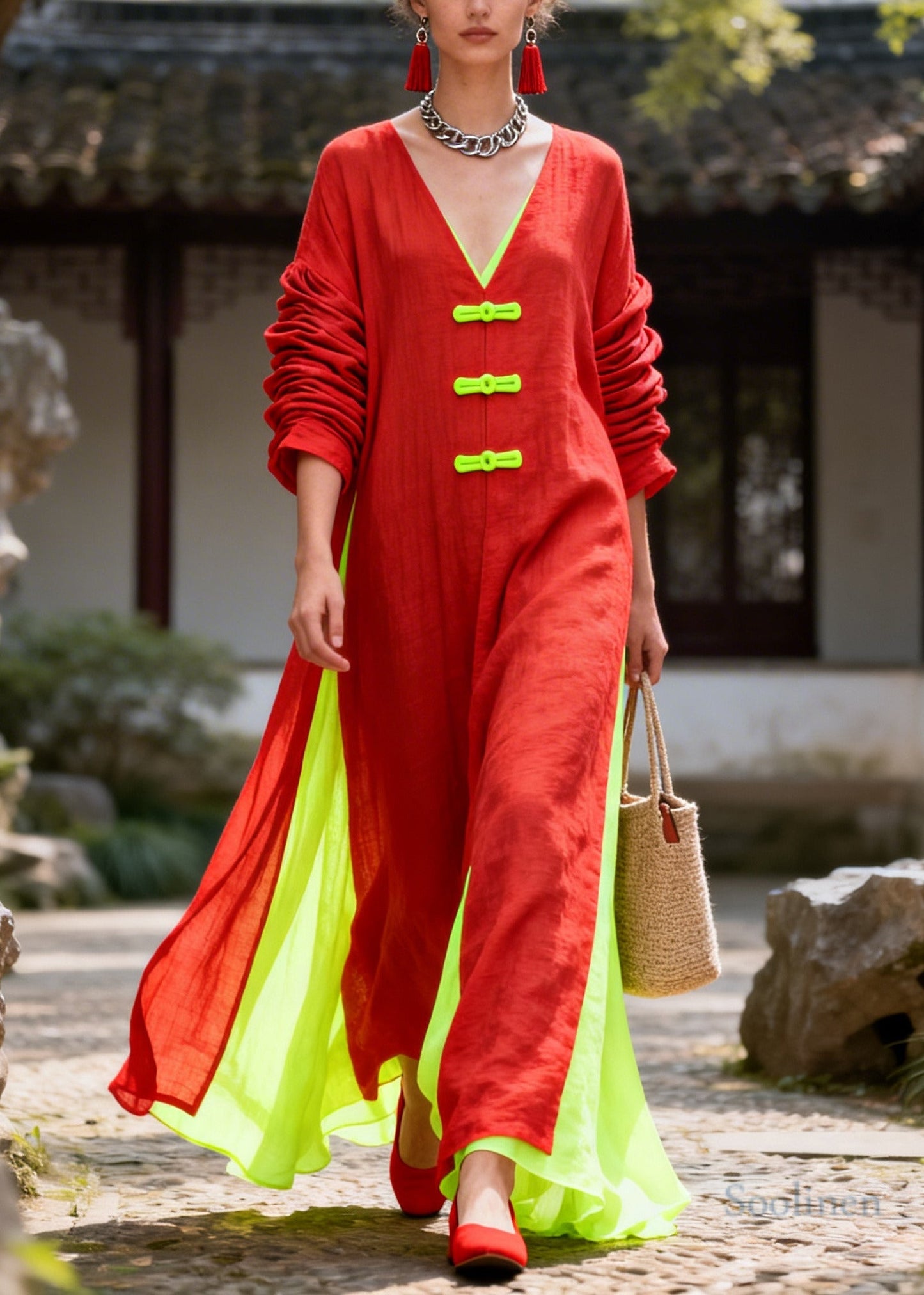 Boho Red Oversized Patchwork Chinese Button Cotton Dress Long Sleeve