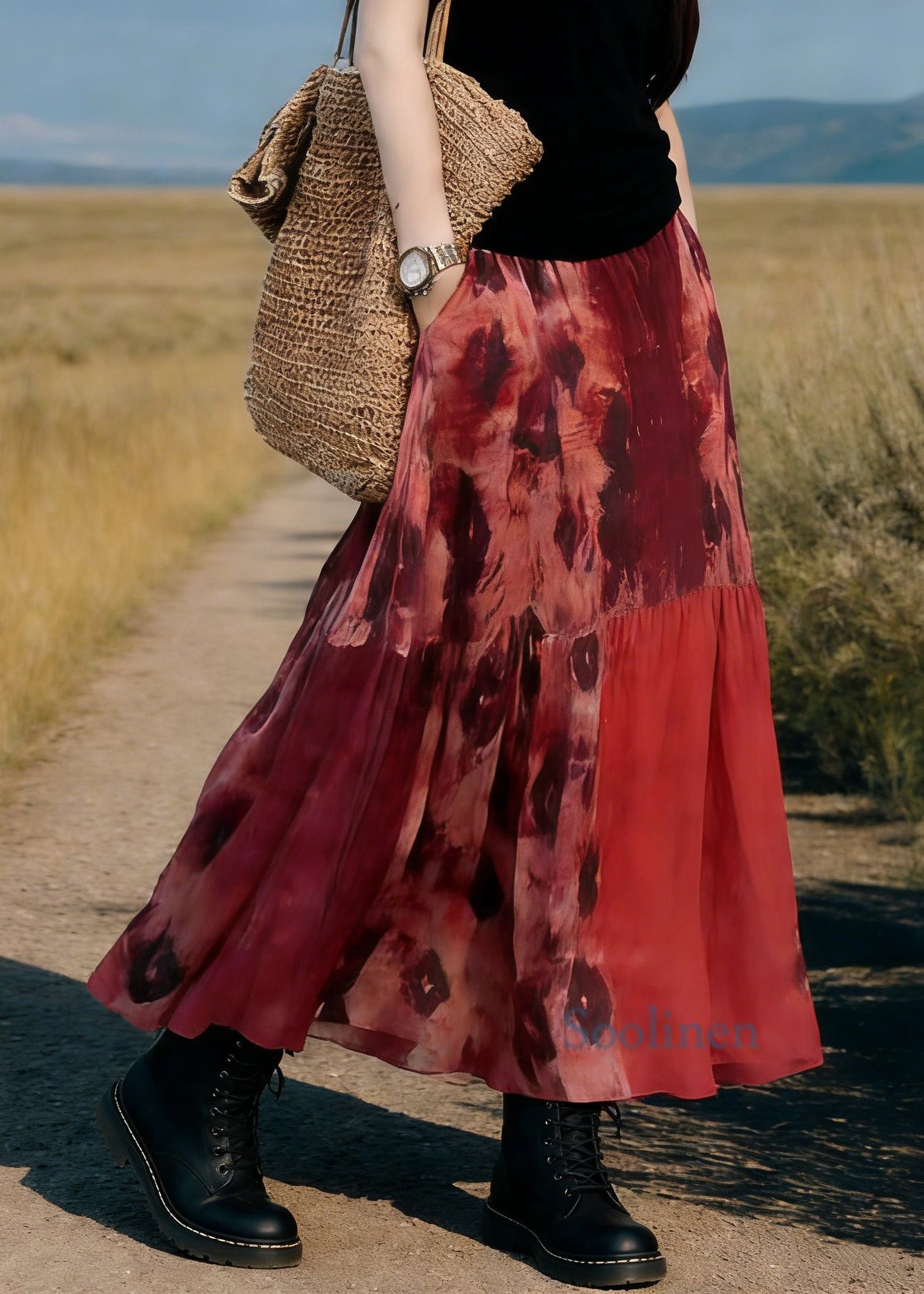 Boho Red Pockets Print Elastic Waist Maxi Skirt Spring