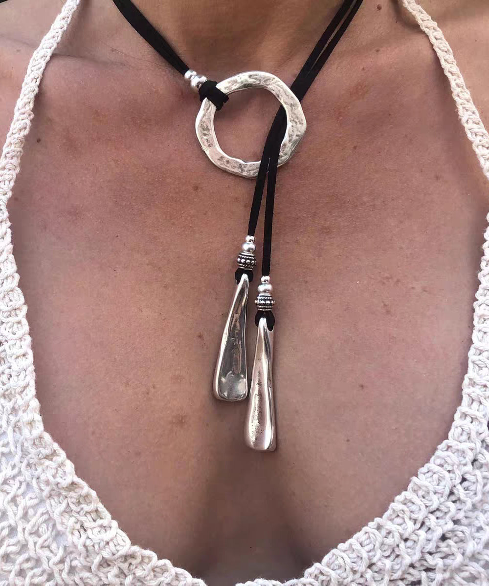 Boho Silk Leather Alloy Pendant Necklace