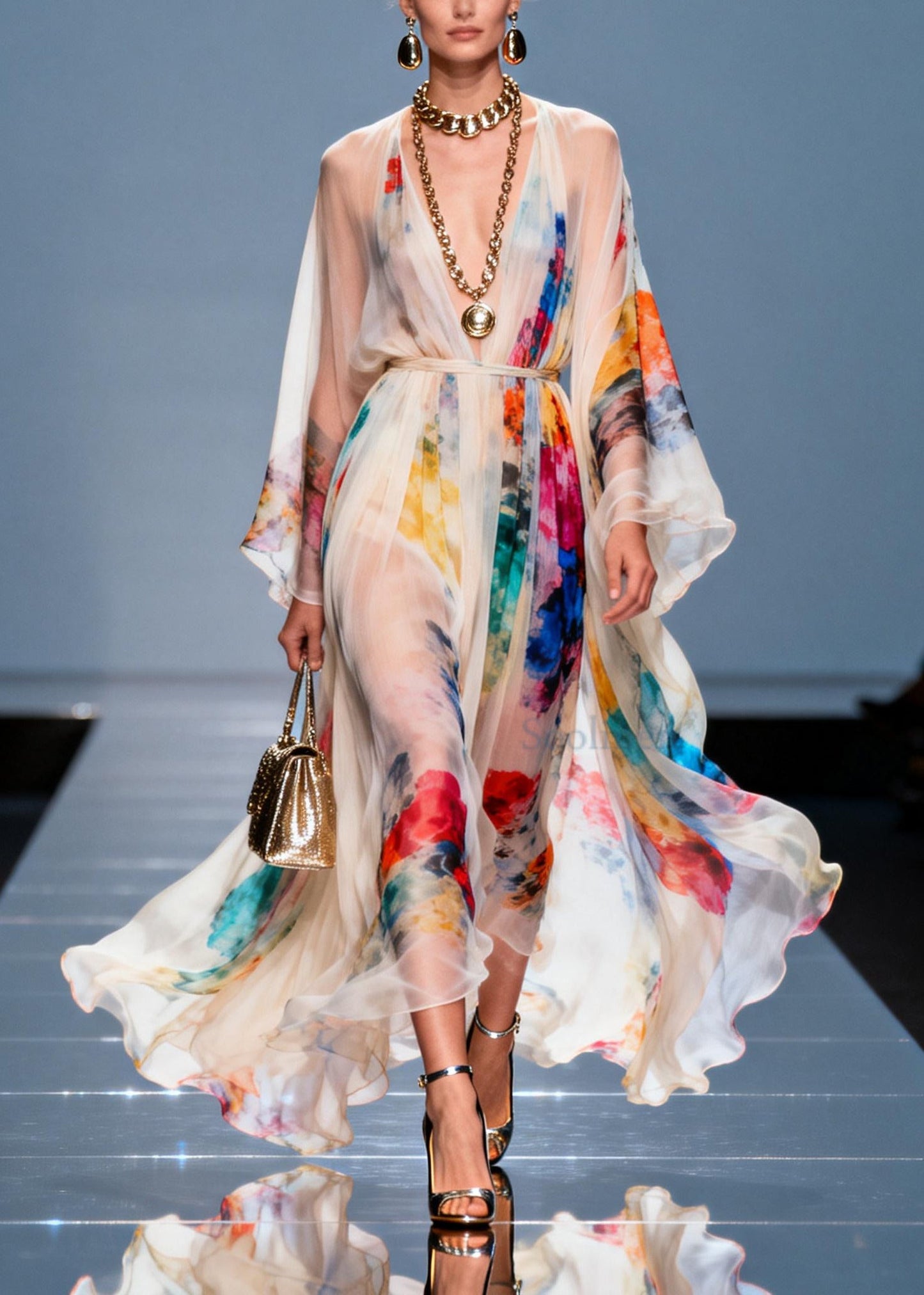 Boho White Tie Waist Tie Dye Chiffon Maxi Dresses Summer