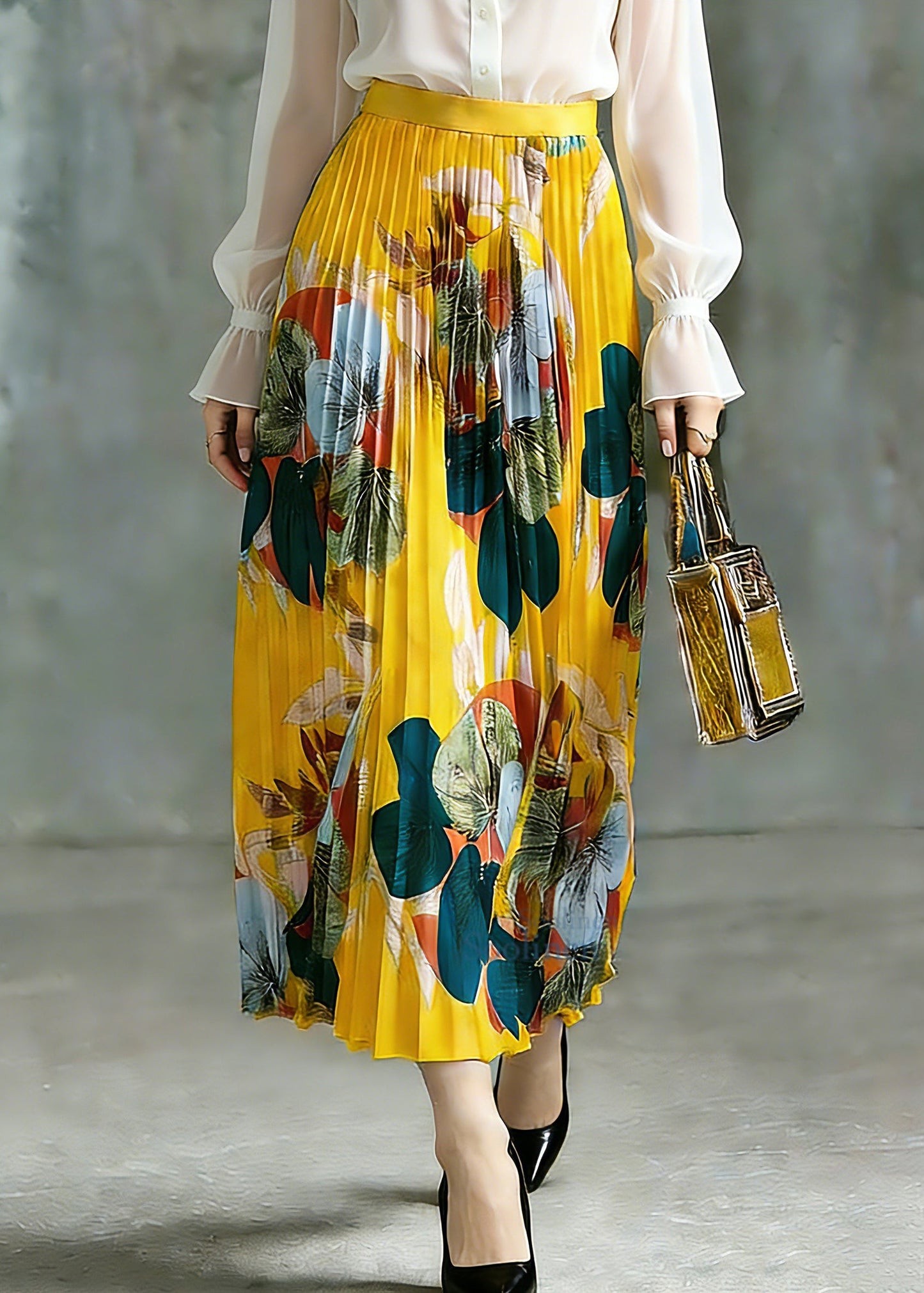 Boho Yellow Elastic Waist A Line Skirt Spring