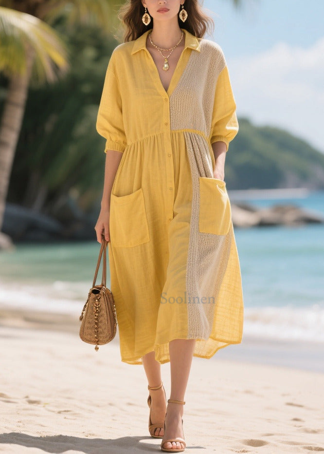 Boho Yellow Oversized Patchwork Cotton Dresses Summer