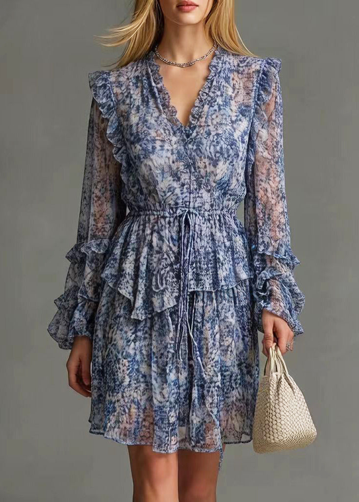 Boutique Blue Ruffled Print Chiffon Cinched Dresses Spring