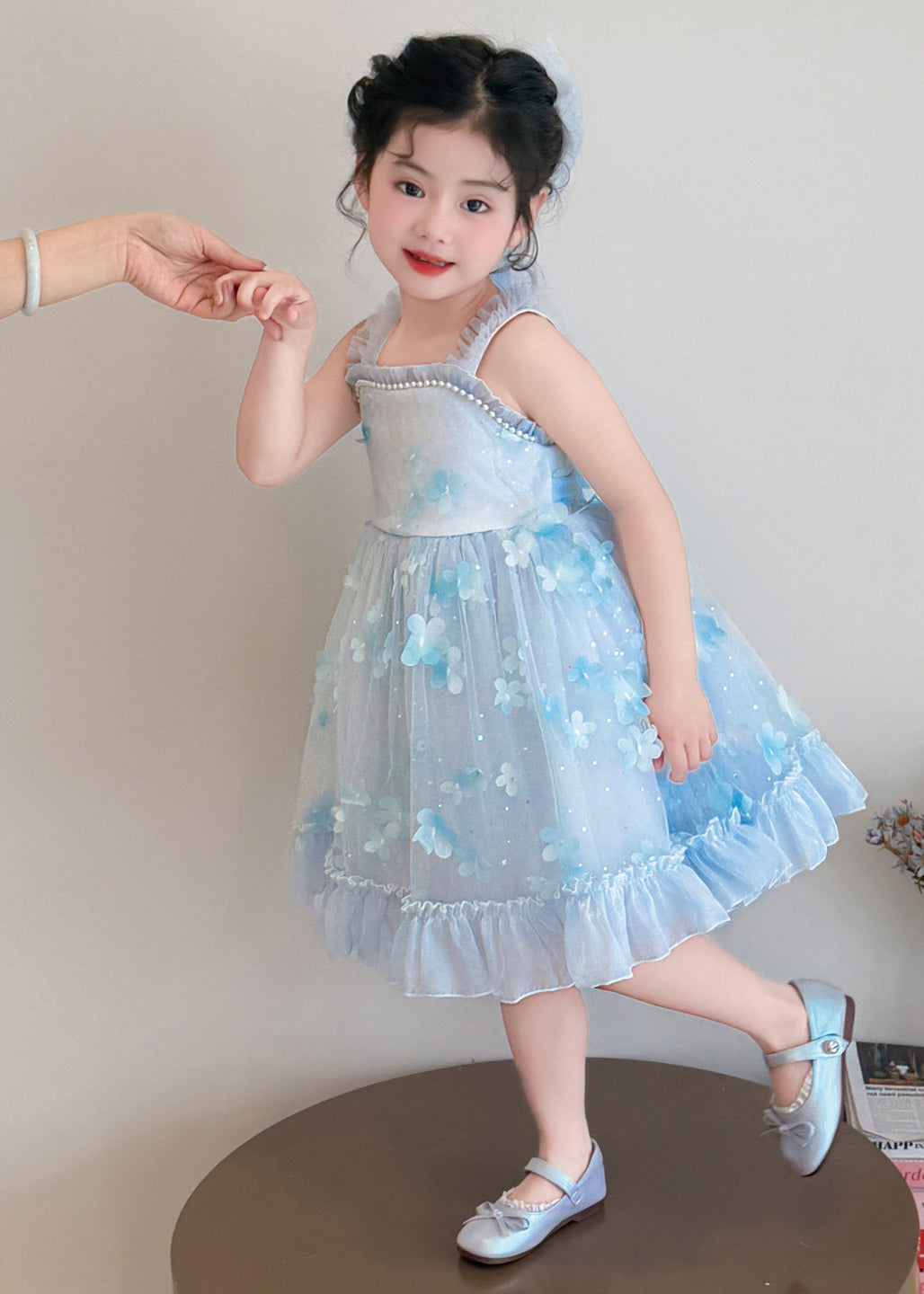 Boutique Blue Stereoscopic Floral Tulle Baby Girls Mini Dresses Summer