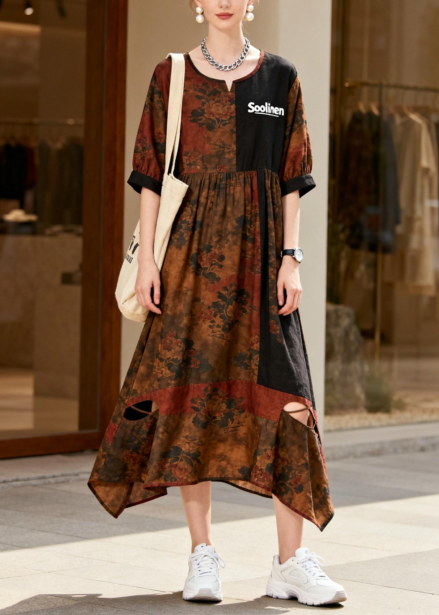 Boutique Brown Print Patchwork Cotton Ripped Dress Summer