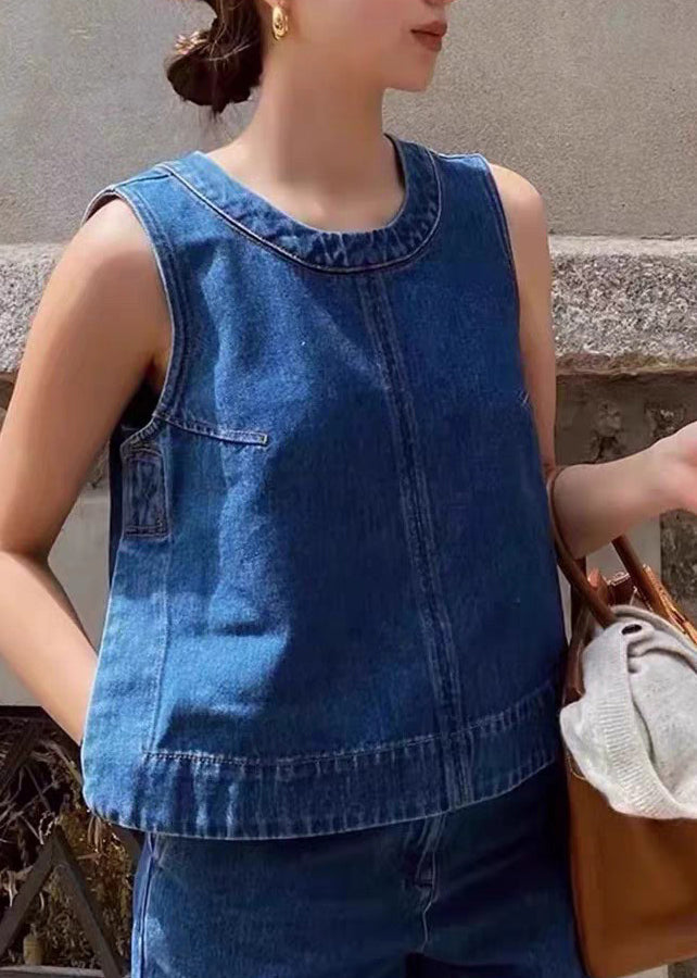 Boutique Denim Blue Patchwork Top And Wide Leg Pants Two Piece Set Sleeveless