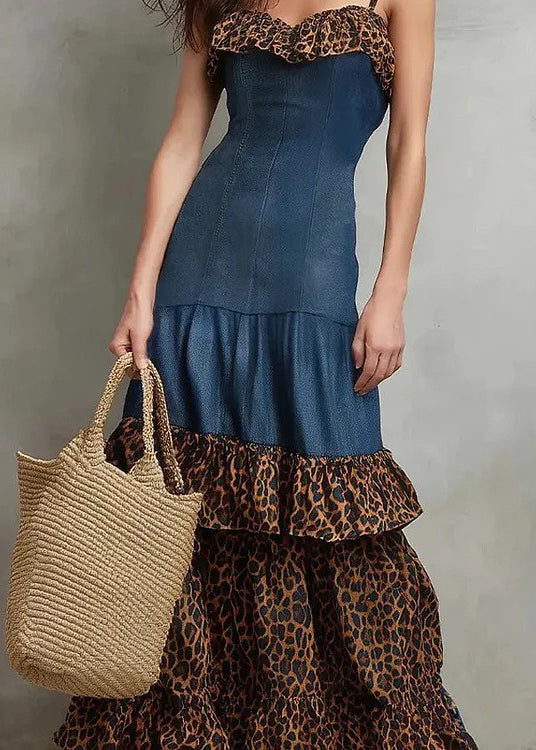 Boutique Grey Ruffled Patchwork Cotton Spaghetti Strap Dress Summer