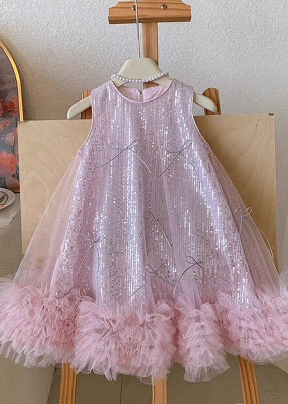 Boutique Pink O-Neck Tulle Kids Long Dress Sleeveless