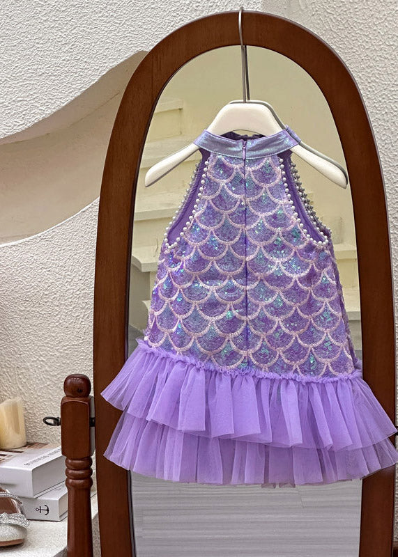 Boutique Purple Stand Collar Sequins Tulle Kids Long Dress Sleeveless