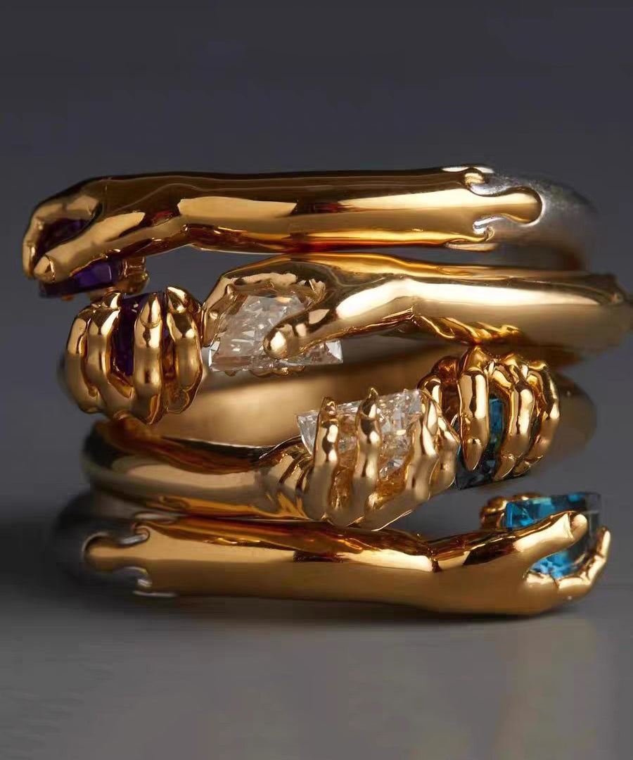 Boutique White Hand Zircon Open Mouth 14K Gold Bangl