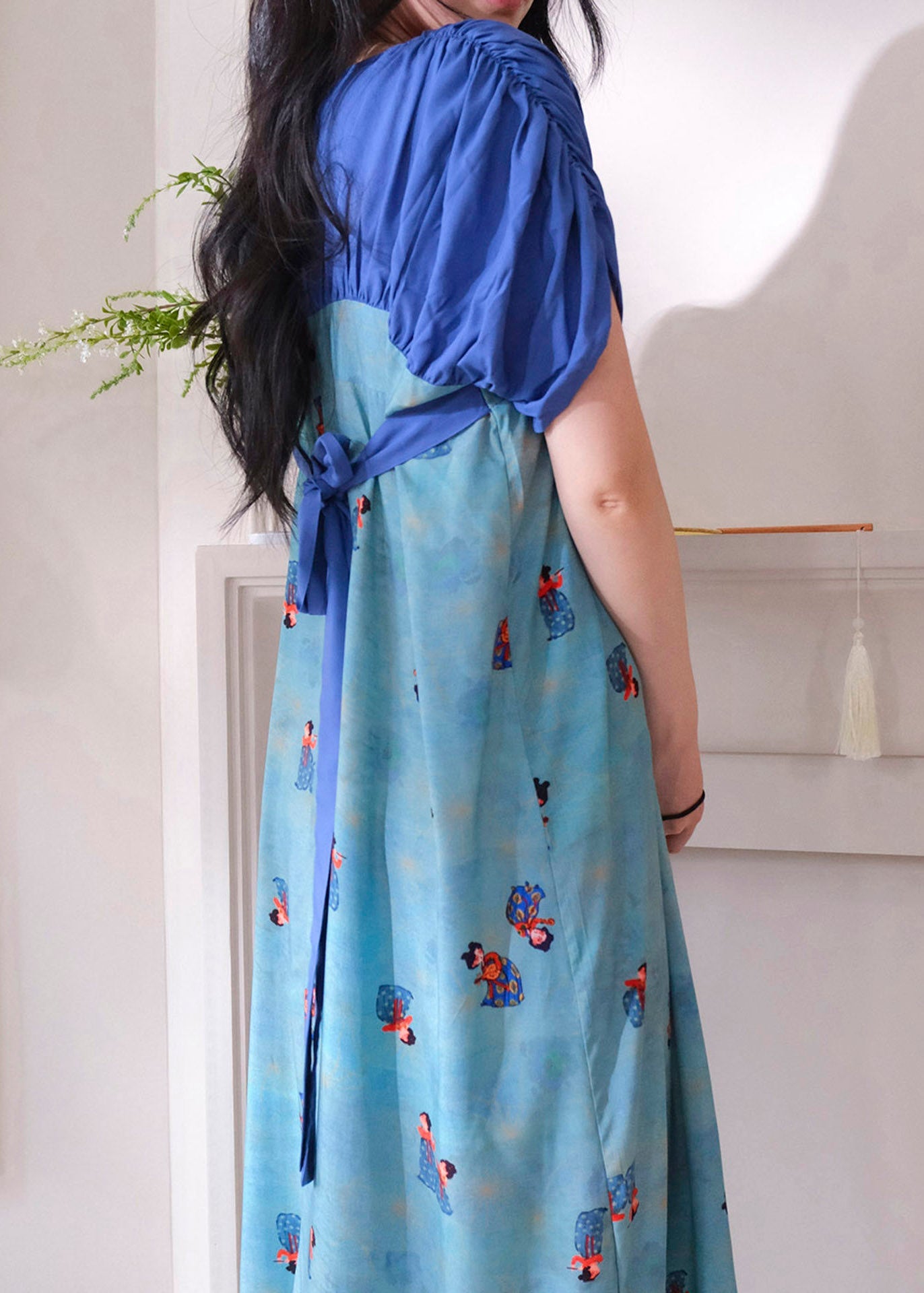 Brief Blue Square Collar Print Long Dresses Pajama Short Sleeve