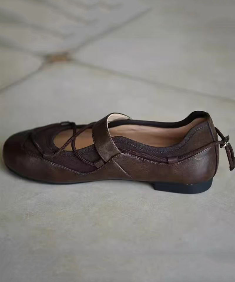 Brown Faux Leather Cross Strap Splicing Flat Shoes For Women